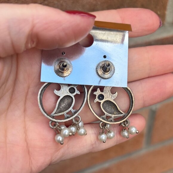 Brass Bird Motif Pearl Dangle Earrings - Picture 3 of 5